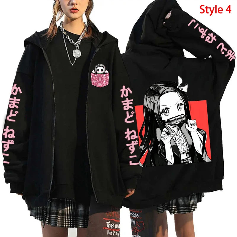 Autumn/Winter New Kamado Nezuko Hoodie Women Casual Personality Zipper Hooded Pullovers Coat Streetwear Fashion Anime Sweatshirt - reetell