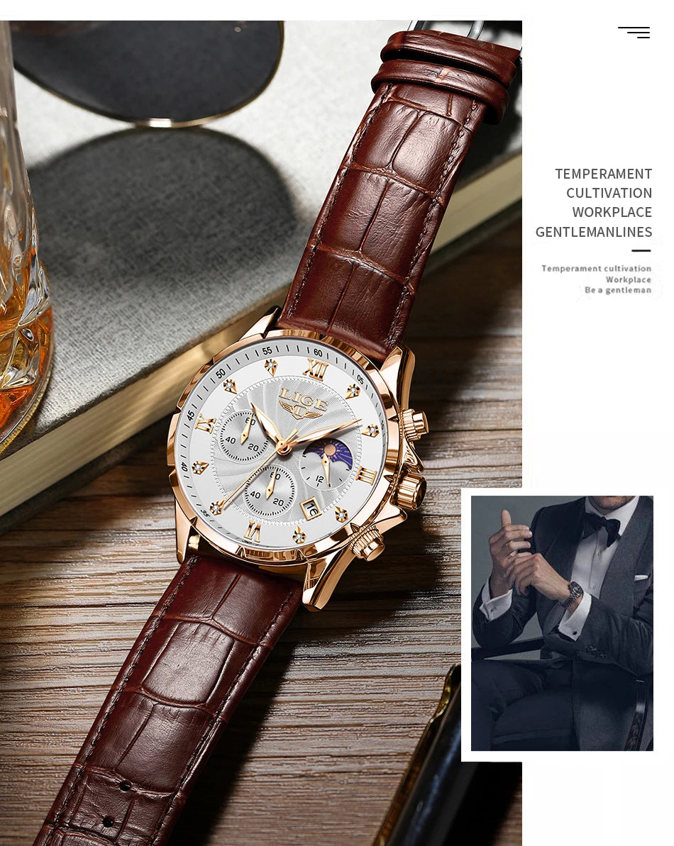 LIGE Mens Watches Casual Business Watch Men Luxury Waterproof Date Luminous Chronograph Wristwatch Quartz Watch Leather Clock