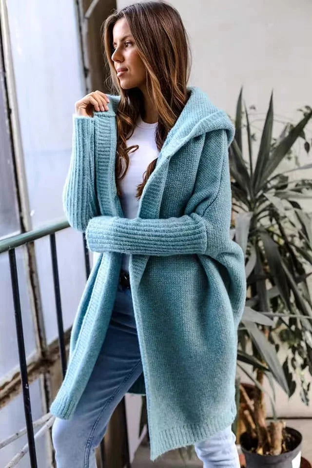 2024 Autumn Winter Cozy Chic Hooded Cardigan Women's Casual Knit Sweater Coat Elegant Batwing Sleeve Pocket Long Jacket Jumpers - reetell