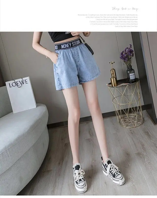 2023 New Elastic Waist Denim Shorts Women's Summer High Waist New Versatile Casual Loose Simple Academy Style - reetell