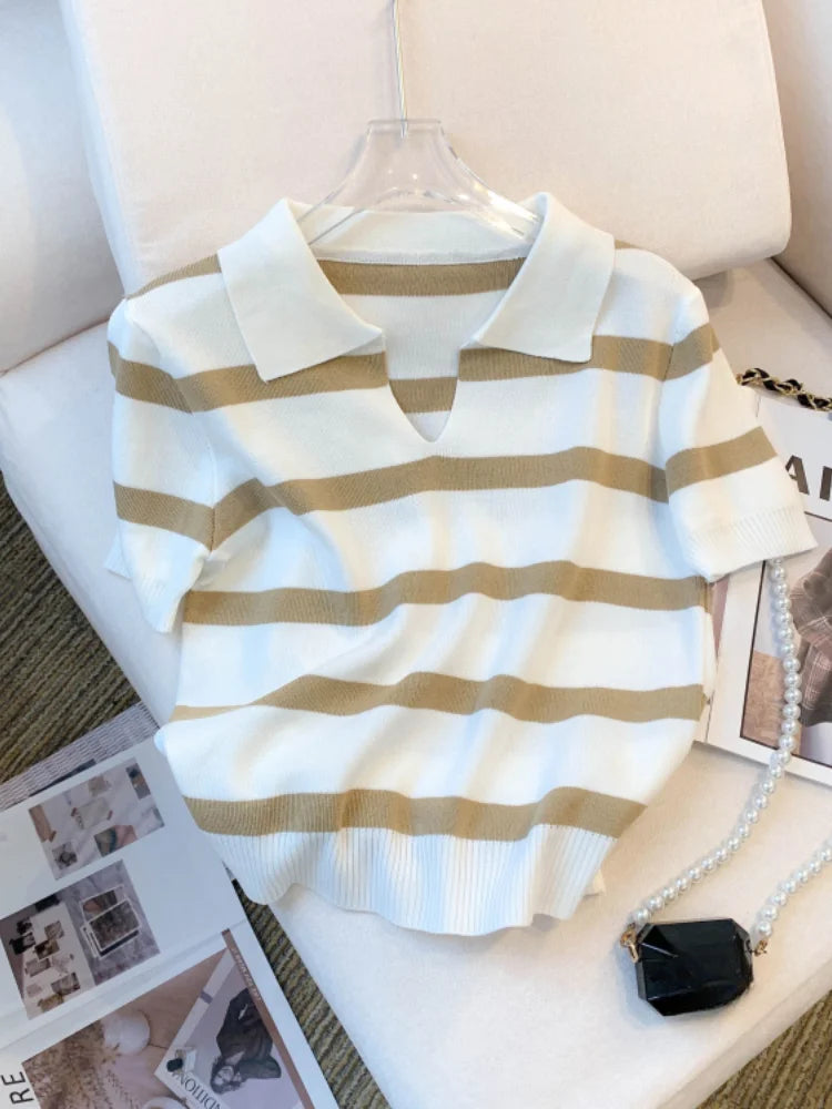 2024 New Striped Pattern Collared Sweater Versatile Short Sleeve Knitted Top For Spring & Summer Women's Clothing Crop Top - reetell