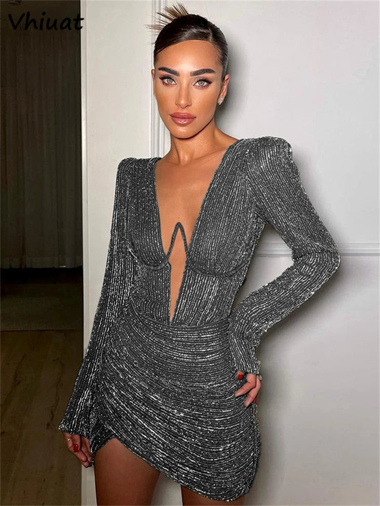 Vhiuat Women Fashion Low Cut Long Sleeve Mini Dresses Sexy Party Club Elegant Evening White Dress 2022 Autumn Winter Office Lady - reetell