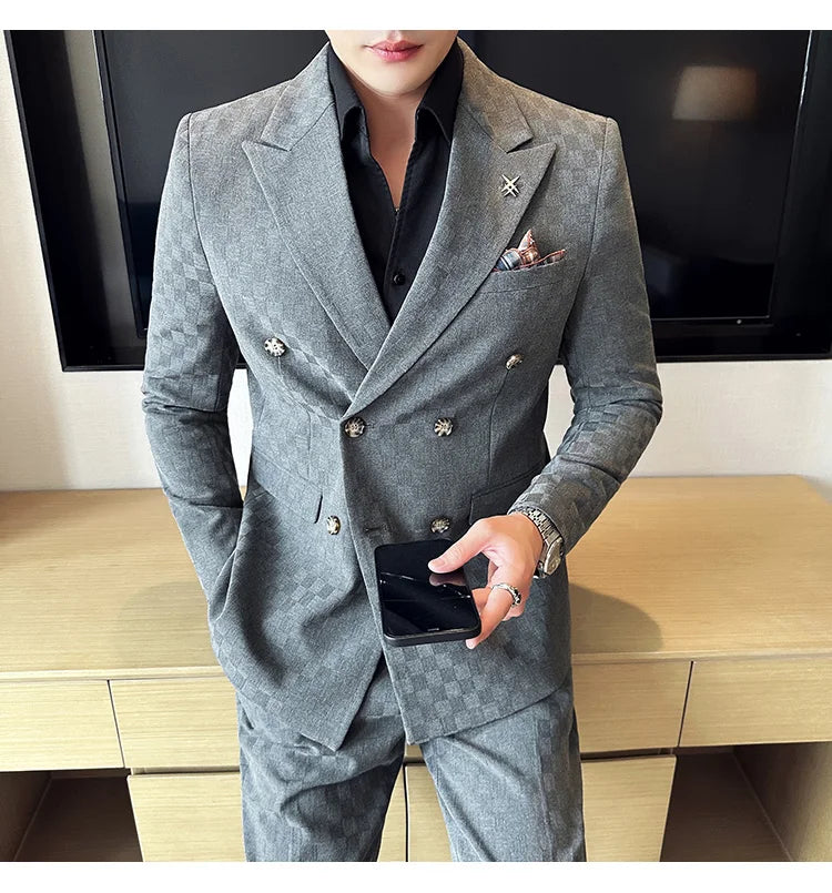 (Jacket+Pants) 2 Pieces Blue Apricot Business Party Men Suits Double Breasted Formal Style Custom Made Wedding Groom Tuxedos - reetell