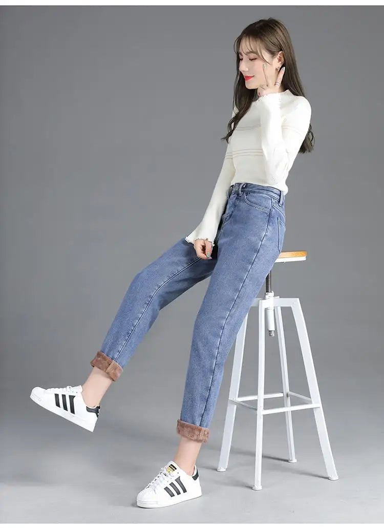 Winter Warm Fleece Jeans Women's High Waist Thick Harlan Straight Denim Pants Plus Size Loose Trousers Lady High Waisted Jeans - reetell