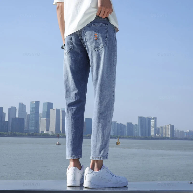 2024 New Men's Stretch Ankle Length Jeans Light blue Fashion Casual Cotton Slim Fit Denim Pants Korean Trousers Male Brand Cloth - reetell