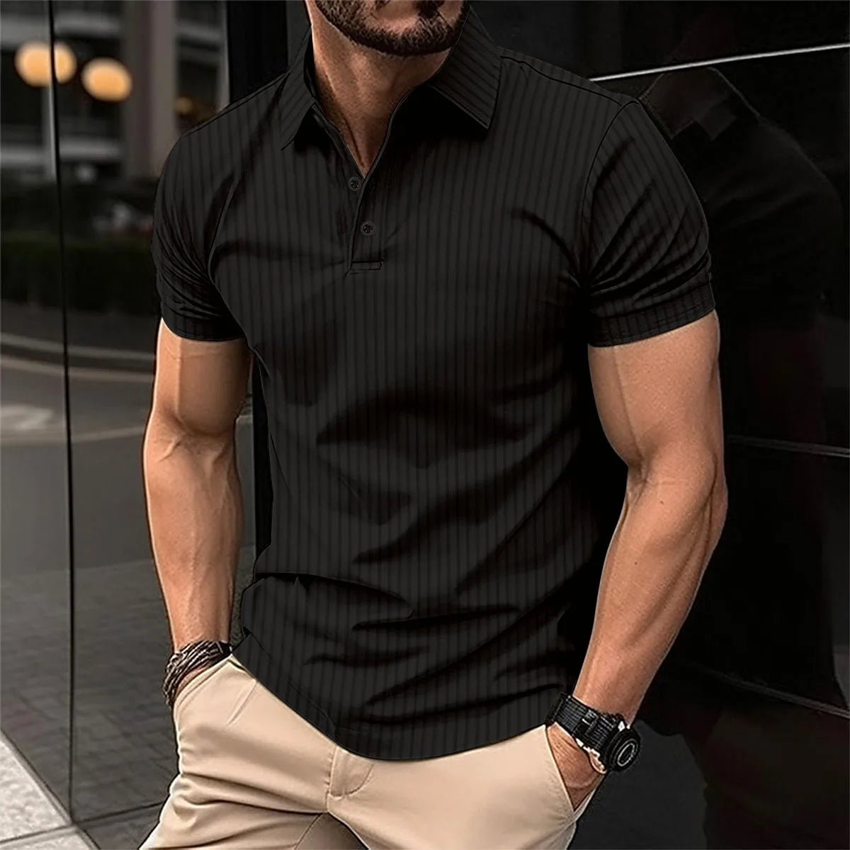 Summer men's polo shirt solid color button short sleeve striped lapel T-shirt casual breathable top men's wear Color Black S-3XL