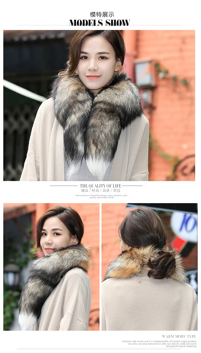 Genuine natural fox fur scarf furry classic Drawstring fox tail Winter Women Men Natural Fur Collar Neck Warmer fur collar 90 cm - reetell