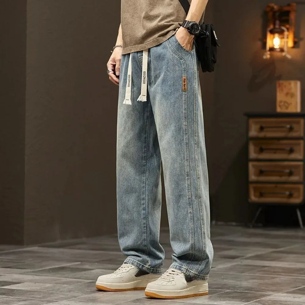 2024 Elastic loose straight jeans men wide legged denim men pants casual trousers Korean style men clothing  jeans pants man - reetell