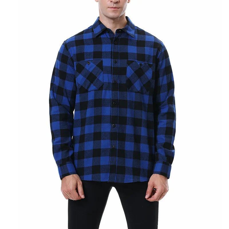 2023New Men Casual Plaid Flannel Shirt Long-Sleeved Chest Two Pocket Design Fashion Printed-Button