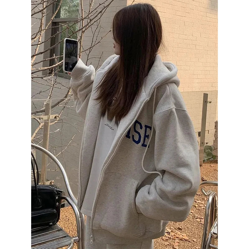 MEXZT Streetwear Zip Up Hoodies Women Oversized Letter Print Sweatshirt Harajuku Korean Plus Fleece Thick Casual All Match Tops - reetell