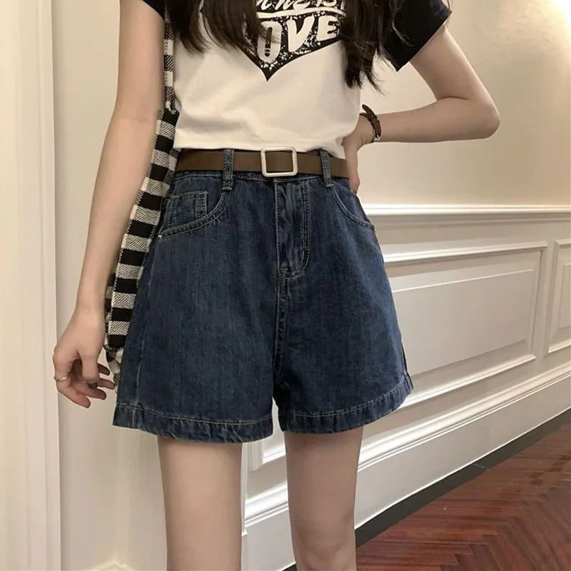 Lucyever High Waist Denim Shorts Women Summer New Washed Retro Jeans Shorts Female Korean Fashion Loose Wide Leg Short Pants - reetell