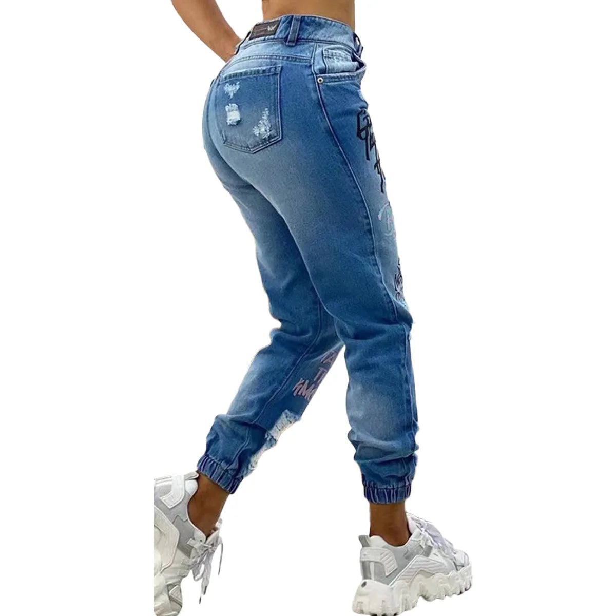 2024 New Letter Print Slant Pocket Ripped Jeans Casual Jeans Women - reetell