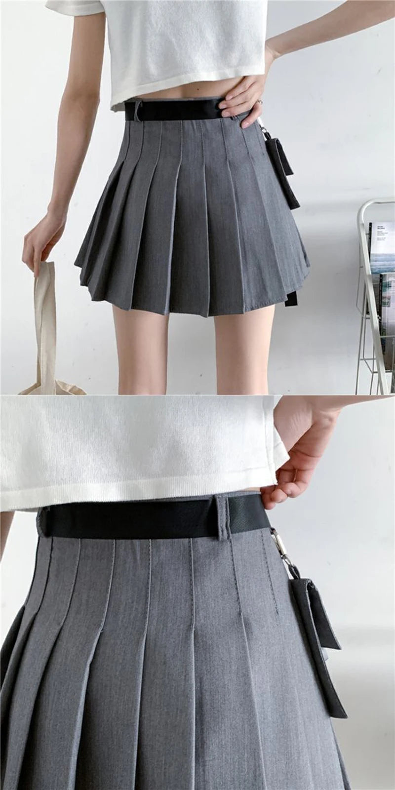 Zoki Harajuku Belt Pleated Cargo Skirt Women Fashion Gothic High Waist Pocket Mini Skirts Fashion Summer Lady A Line Black Skirt - reetell