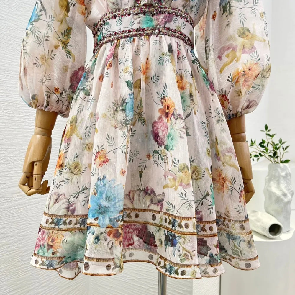 2024 New Collection Multicolor Floral Print 3/4 Sleeve Diamonds Pressed Deep V-neck High Quality Linen Silk Women Mini Dress - reetell