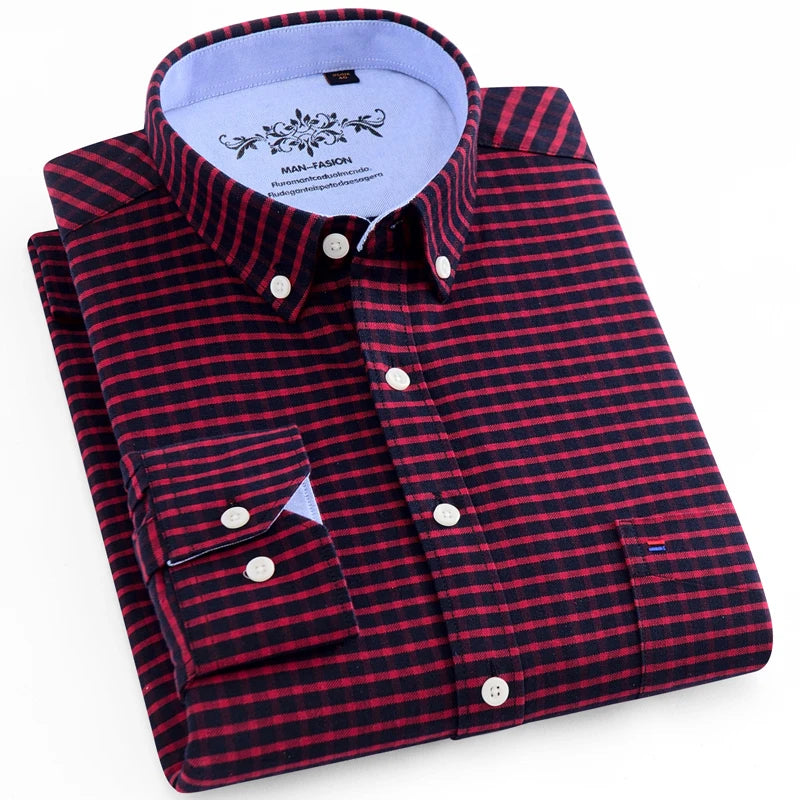 Men's Long Sleeve Oxford Plaid Striped Casual Shirt Front Patch Chest Pocket Regular-fit Button-down Collar Thick Work Shirts