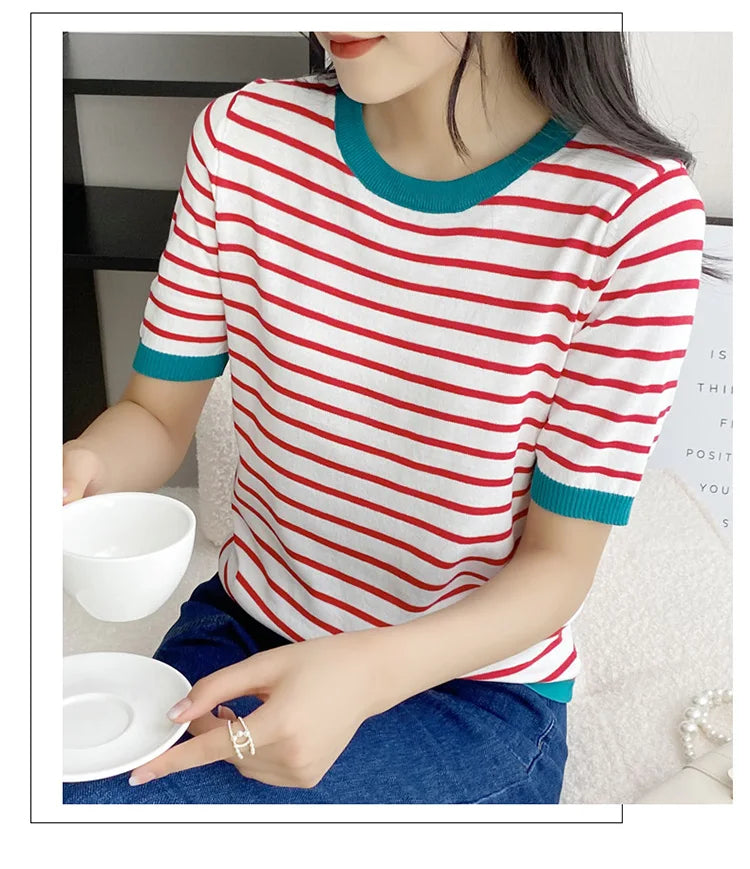 Short Sleeve T-shirts Women Striped Basic Chic Simple All-match Harajuku Retro Cotton O-neck Trendy Loose Leisure Cozy Womens - reetell