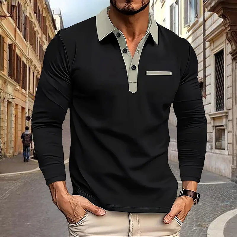 Spring and Autumn Men's Long sleeved Polo Shirt business casual Fashion Classic lapel neck Shirt European and American plus size