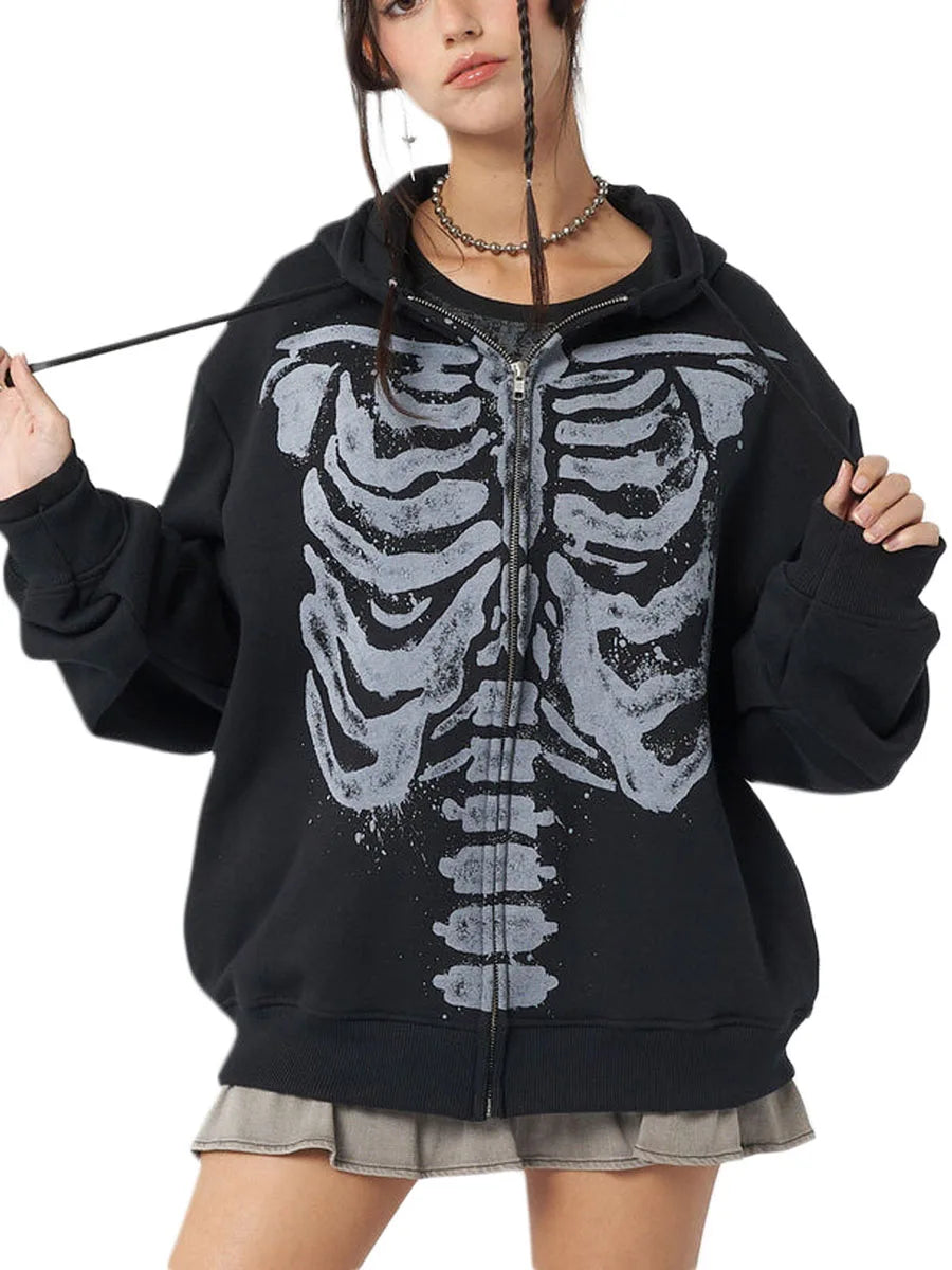 Halloween Women Spring Autumn Casual Hooded Coat Long Sleeve Skull Print Zipper Hoodie Grunge Long Sleeve Top Gothic Sweatshirt - reetell