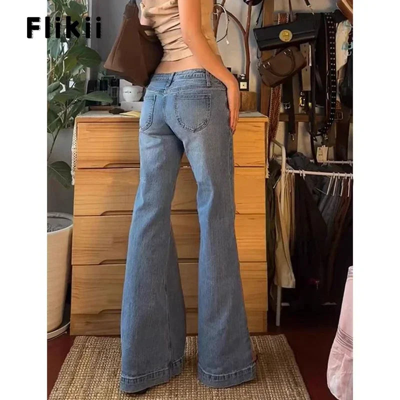 Women's Retro Washed Low Waisted Flared Jeans 2024 New Chic Casual Wide-leg Pants Female Sexy Denim Bell-bottoms Trousers Y2K - reetell