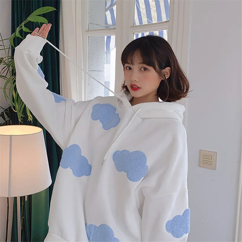 Autumn Winter Women Blue white cloud Hoodie Thick Warm Female Fleece Hoodies Oversize Sweatshirt Top Ladies  Hooded Top coat - reetell