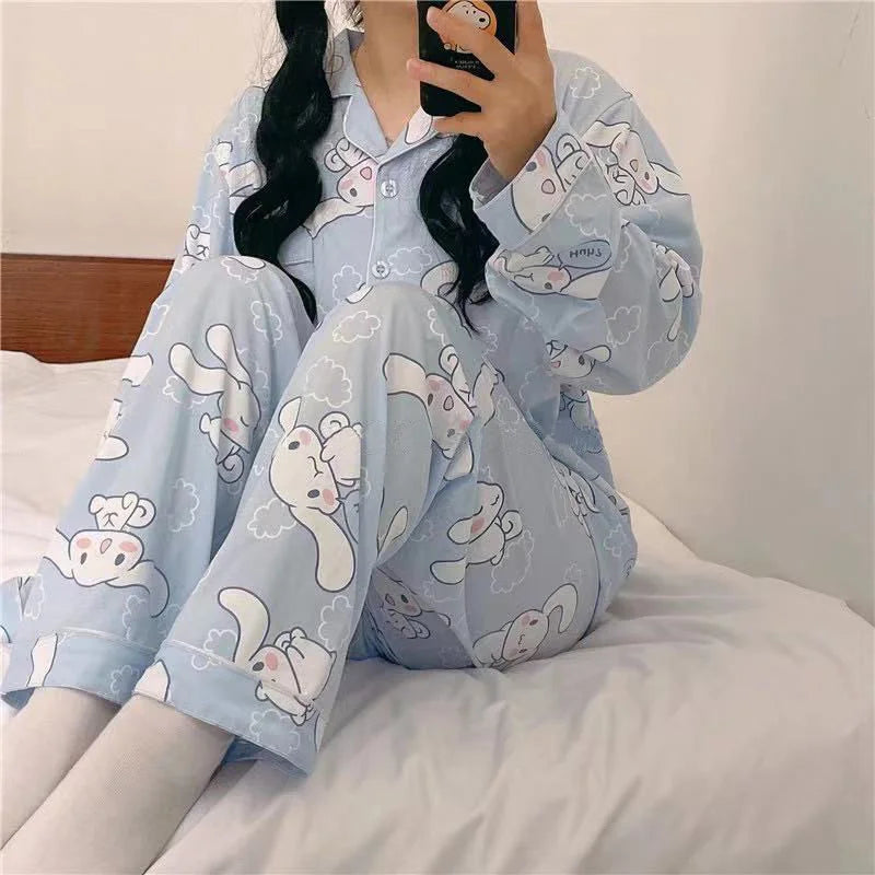 Sanrio Cinnamoroll Cartoon Women's Pajama Y2k Cute Fashion Sleepwear Set Woman 2 Piece Long Sleeve Home Suit For Female 2023 New