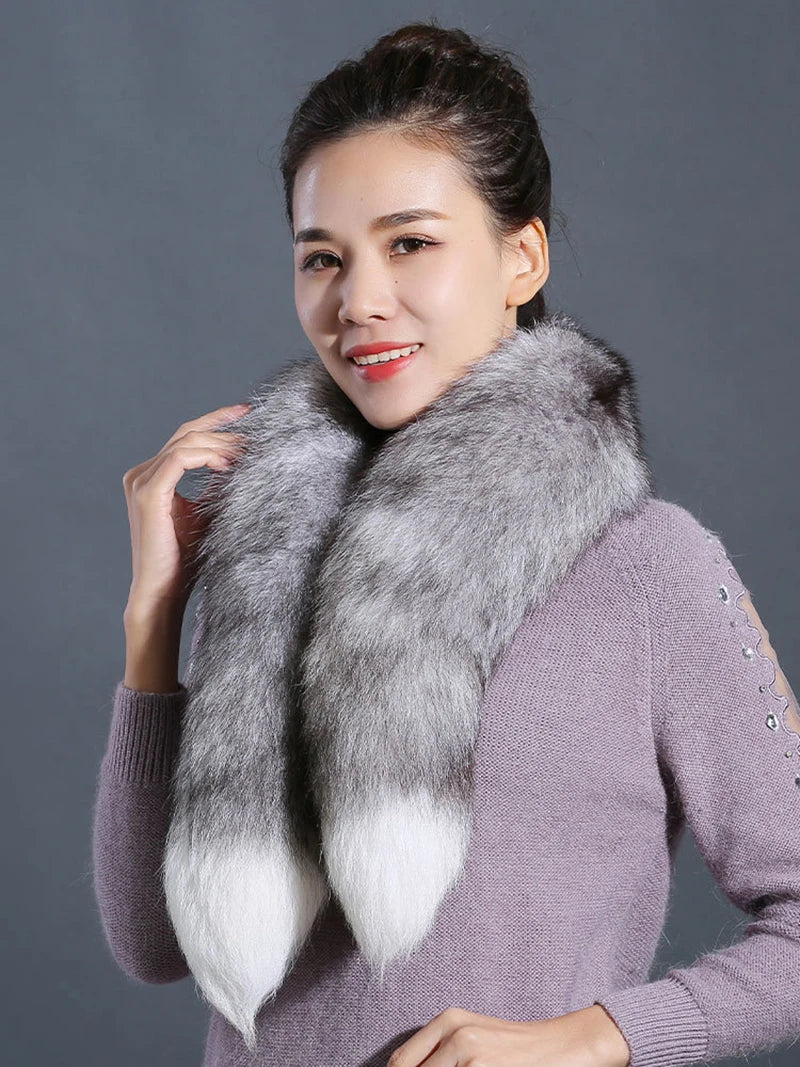 Genuine natural fox fur scarf furry classic Drawstring fox tail Winter Women Men Natural Fur Collar Neck Warmer fur collar 90 cm - reetell