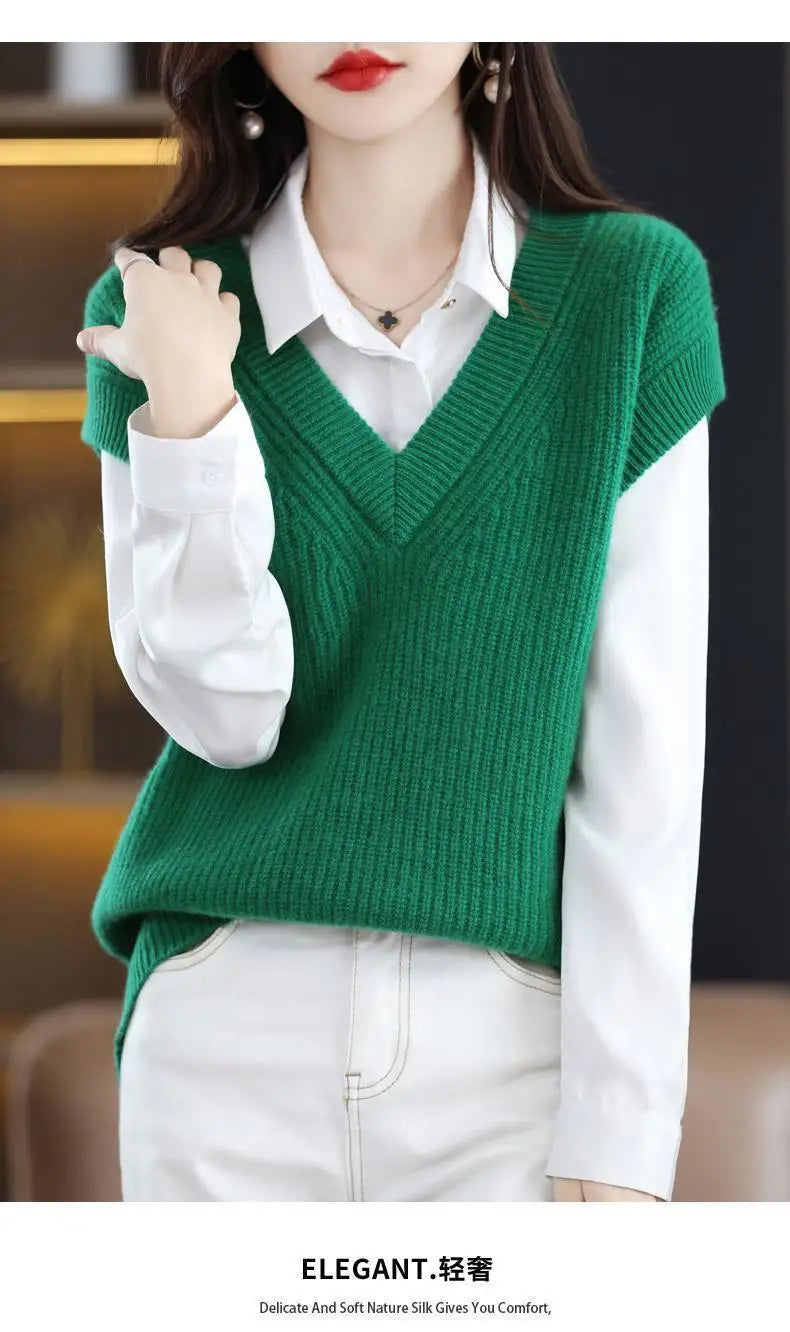 Knitted Jacket Sweater Women's Vest Sleeveless Coat Wool Blended V-Neck Pullover Spring Autumn Fashion Women's Top - reetell