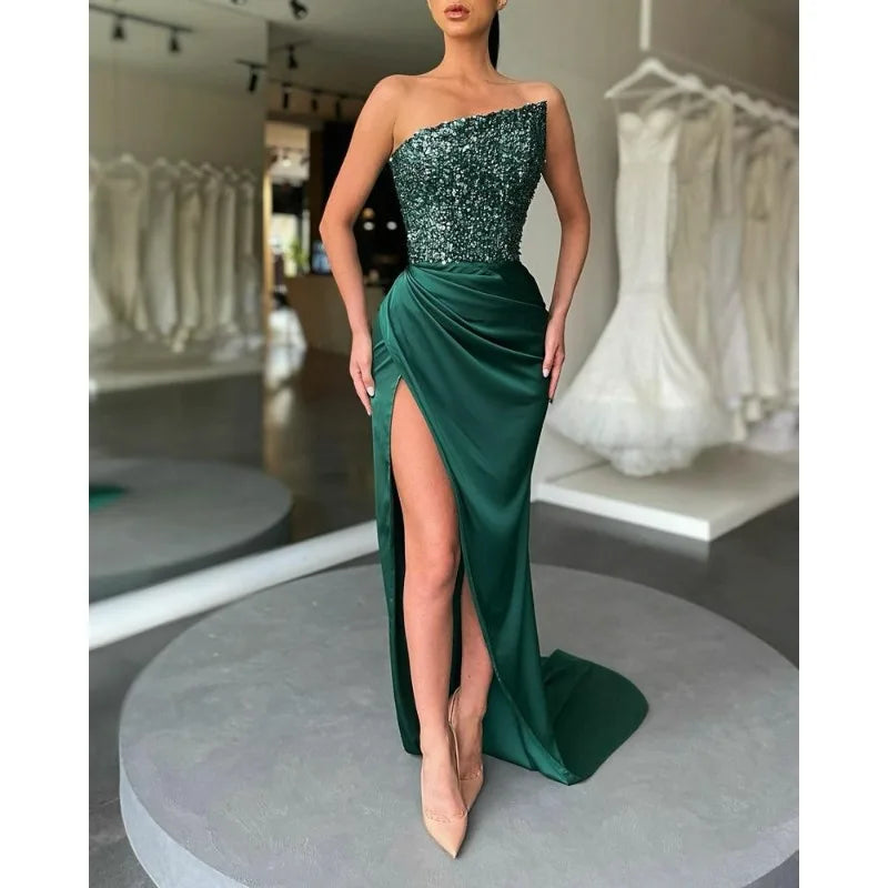 2024 Spring Summer New Green Sequined Fairy Long Sleeveless Fashion Dress Mid Evening Dress Strapless Sexy Formal - reetell