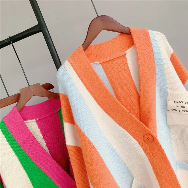 Joskaa Striped Patchwork Knitted Cardigan Women V-Neck Long Sleeve Single Breasted Sweater Coat Autumn 2023 Outwear Streetwear - reetell