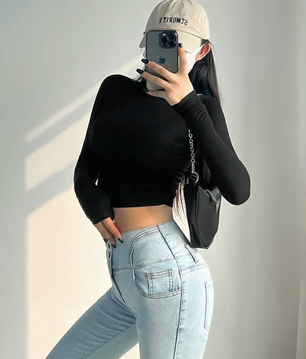 Womens Long Sleeve Turtleneck T Shirts Ribbed Tight Knit Sexy Slim Fitted Casual Women's Basic Crop Tops Cropped T-Shirt - reetell