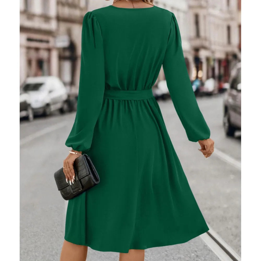 Elegant Women's Solid Color Lace Up Knee Length Dress 2024 New Autumn Winter Women's Long Sleeved V-neck Dress Vestido Femininos - reetell