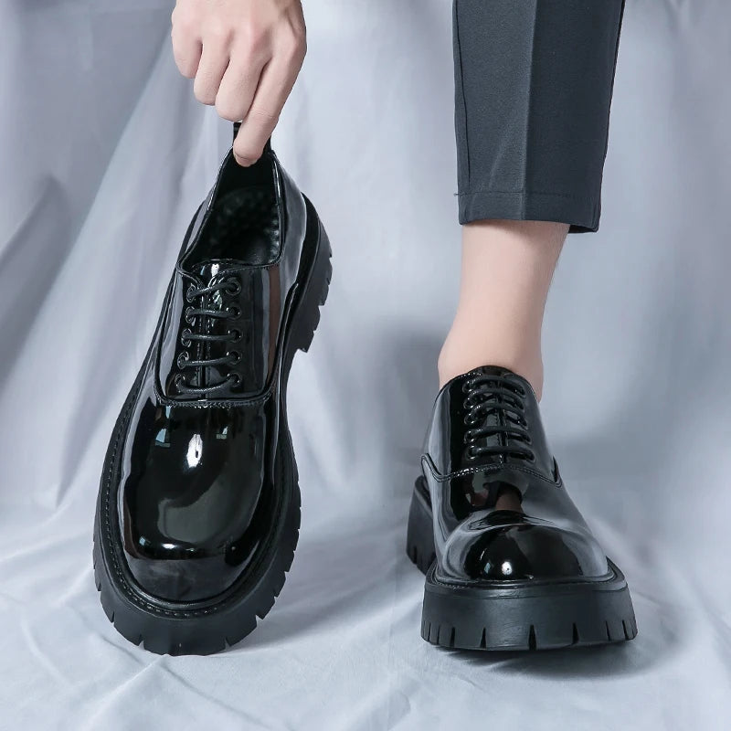 Men Casual Large Toe Original Black Platform Business Thick Bottom Dress Shoes Men Gentleman Outdoor Patent Leather Safety Shoes - reetell