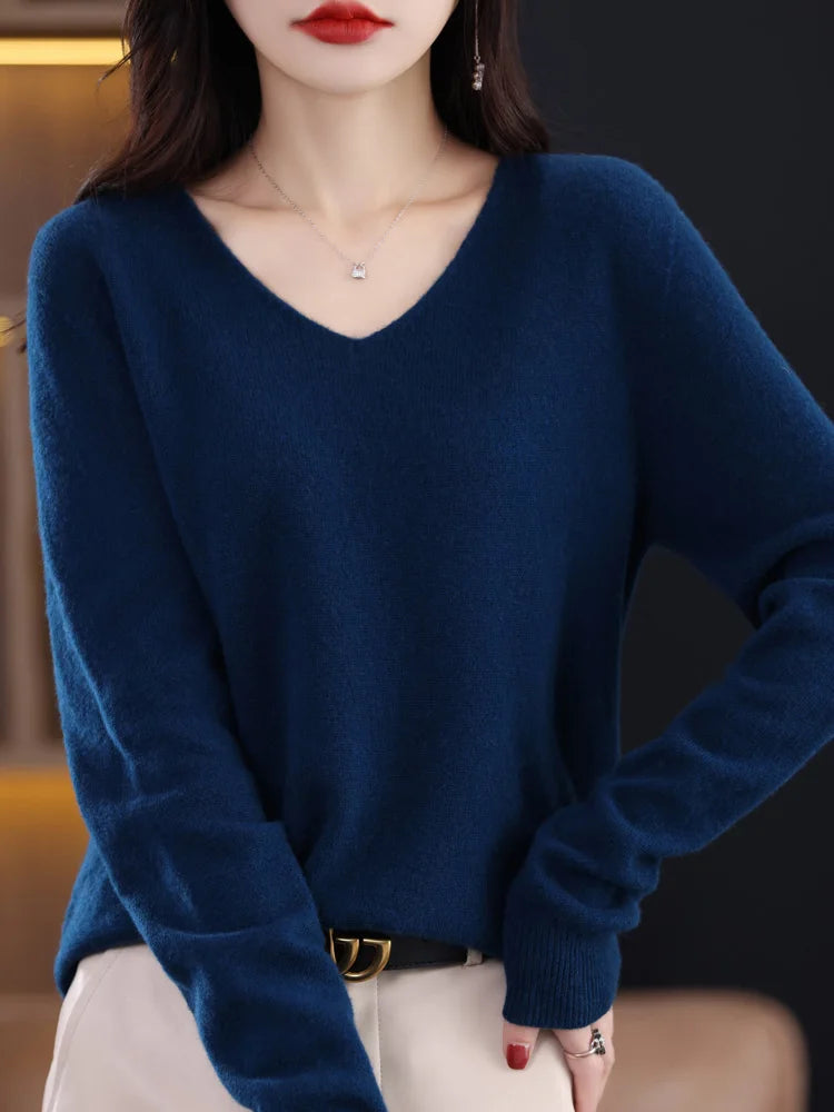 Aliselect Fashion Autumn Winter Basic 100% Merino Wool Sweater V-Neck Long Sleeve Women Knitted Pullover Cashmere Clothing Top - reetell