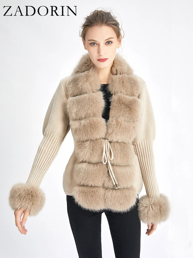 ZADORIN Luxury Fur Cardigan Knit Winter Sweater Women Elegant Detachable Fur Belt White Pink Black Womens Cardigan Korea Style - reetell