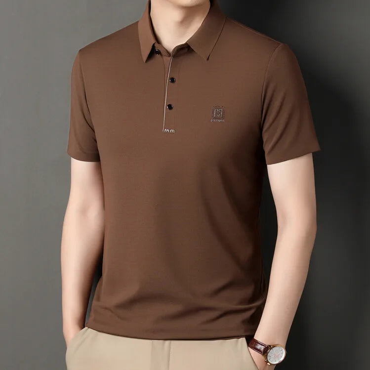 2024 Summer New Seamless T-shirt, Brown Men's Cool Golf, Business Casual Polo Shirt，Fashion Popular Lapel Short Sleeve