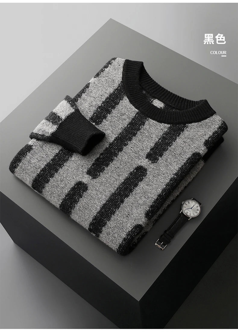 Autumn and Winter New Men's 100% Merino Wool Sweater Round Neck Knitted Hoodie Fashion Striped Thickened Top Long sleeves Warm - reetell