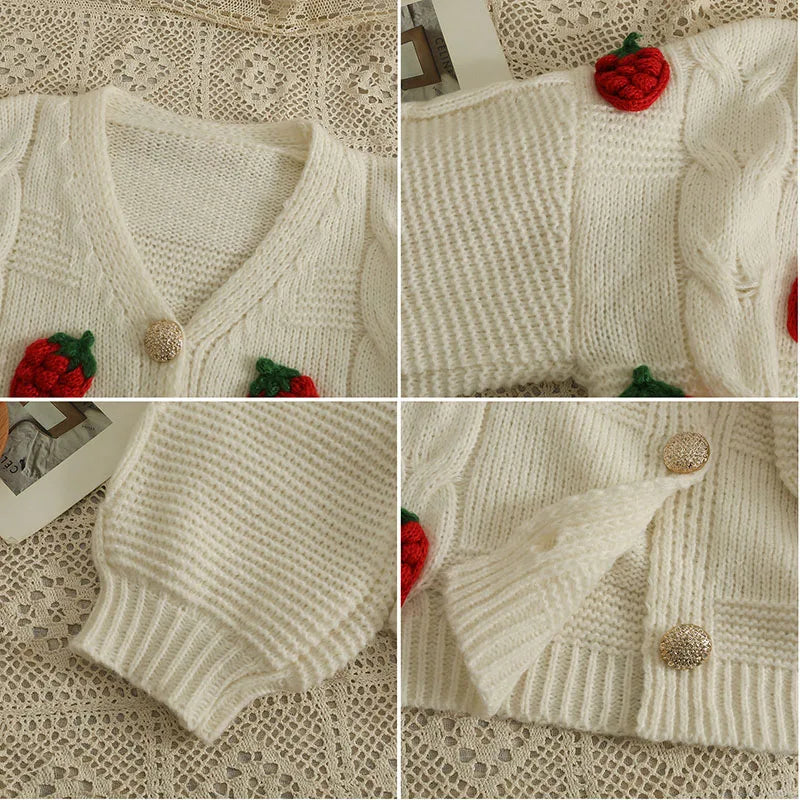 Strawberry Spliced Cardigan Women Knitting All-match Stylish Кардиган Женский Long Sleeve Sweaters Ropa Mujer Elegant Ulzzang - reetell