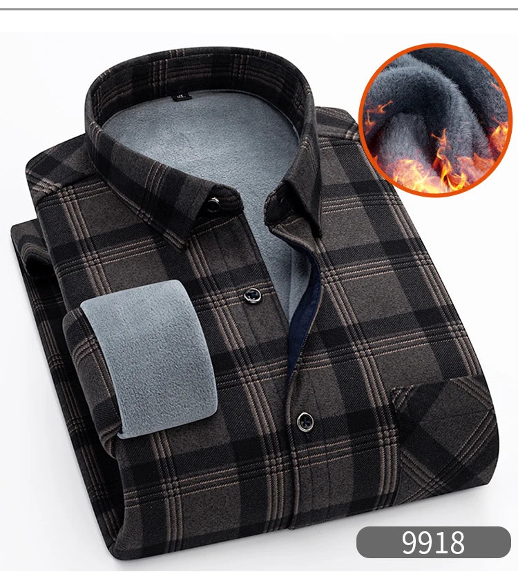 Autumn Winter Thicken Fleece Shirt Men Business Plaid Shirt Long Sleeve Warm Clothes Turn Down Collar Button Up Shirts Classic - reetell