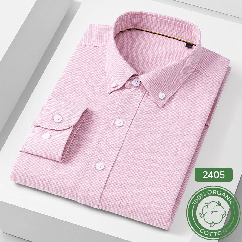 Fashion hight qulity 100%cotton casual long-sleeve shirts for men slim fit formal plain shirt houndstooth plaid top Pink clothes