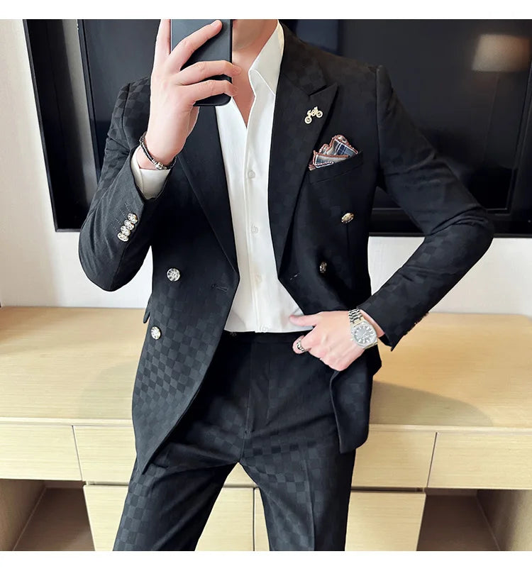 (Jacket+Pants) 2 Pieces Blue Apricot Business Party Men Suits Double Breasted Formal Style Custom Made Wedding Groom Tuxedos - reetell