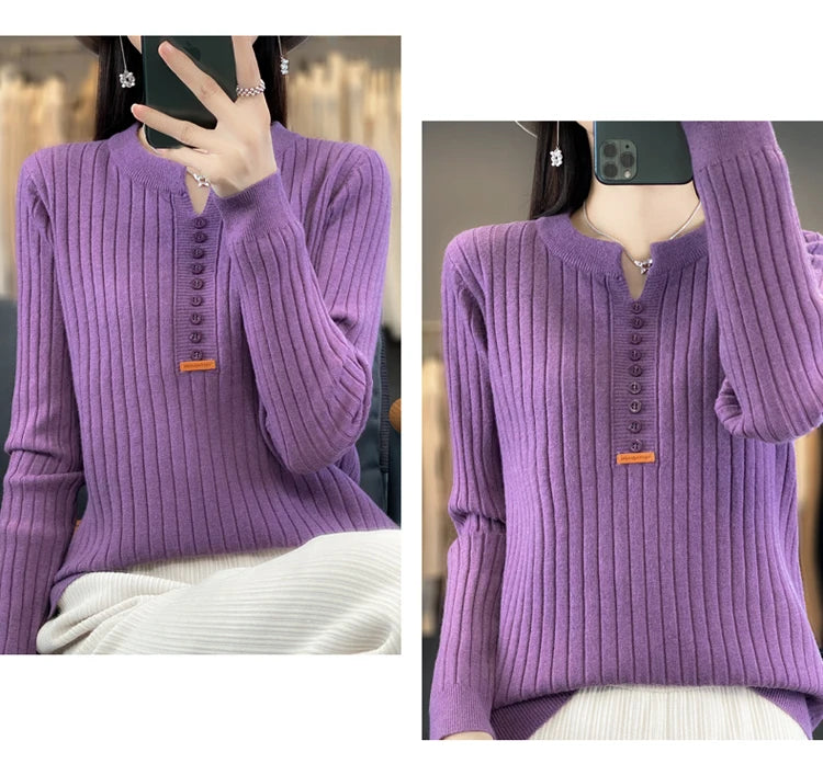 Women's Sweater Autumn/Winter New Solid Color Knitwear V-Neck Pullover Ladies Clothes Fashion Blouse Korean Style Loose Tops - reetell