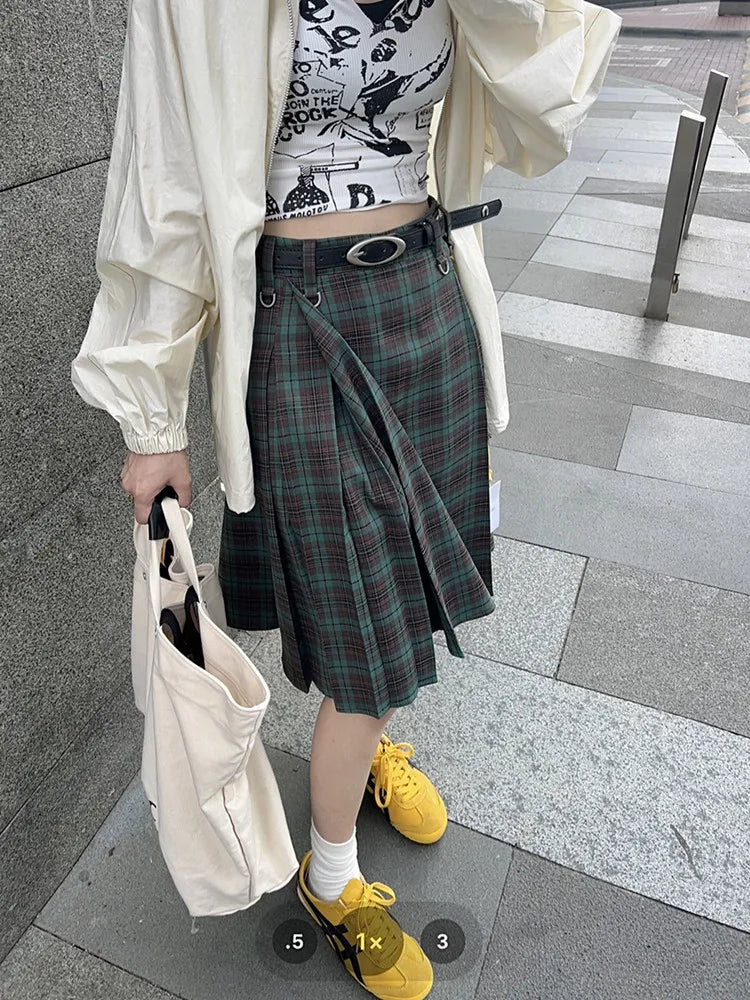 Korean style Preppy Fashion Vintage Plaid Summer Women Midi Skirt High Waist Pleated A-line Temperament Loose Y2K Skirt - reetell