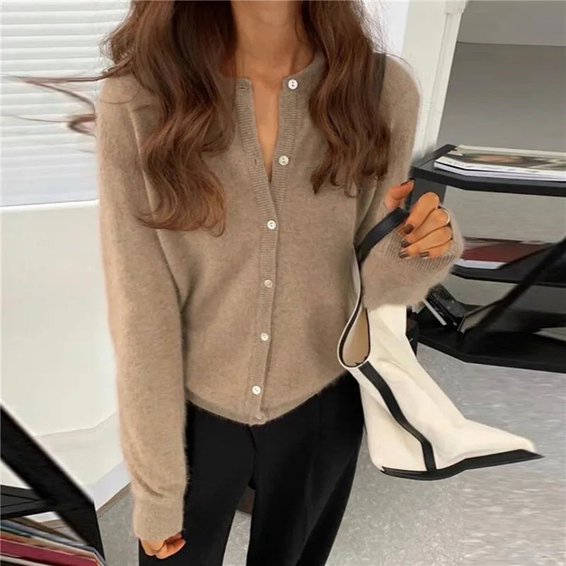 Solid Color Knitted Cardigan Women Korean Single Breasted Long Sleeve Jumper Woman Round Neck All Match Cardigans Outwear 2024 - reetell