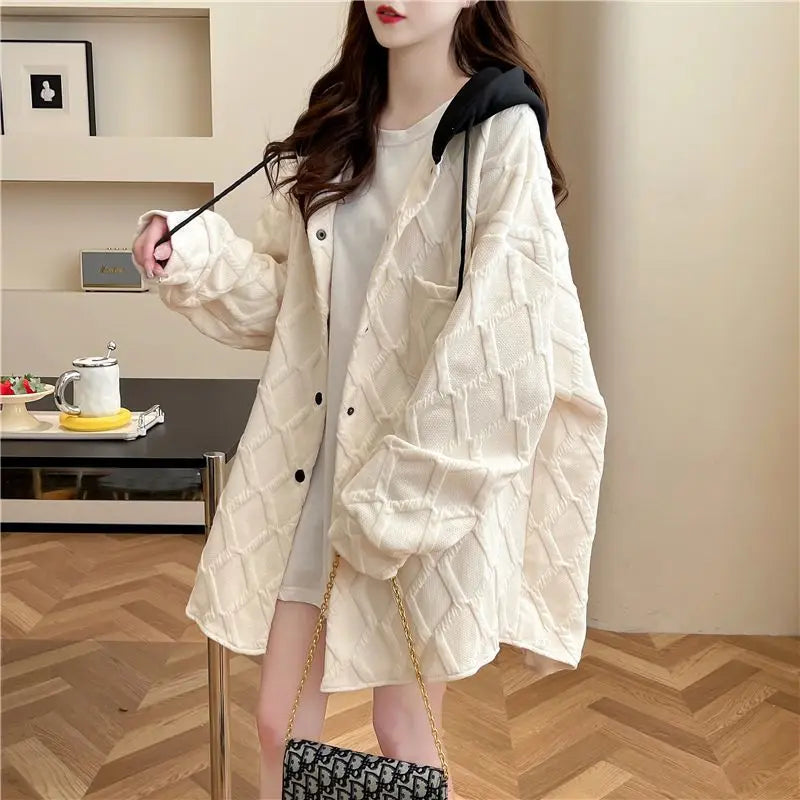 Fashion Jacquard Hooded Sweatshirt for Women Long Sleeve Loose Plaid Button Cardigan Hoodies Casual Patchwork Outwear Coat Tops - reetell