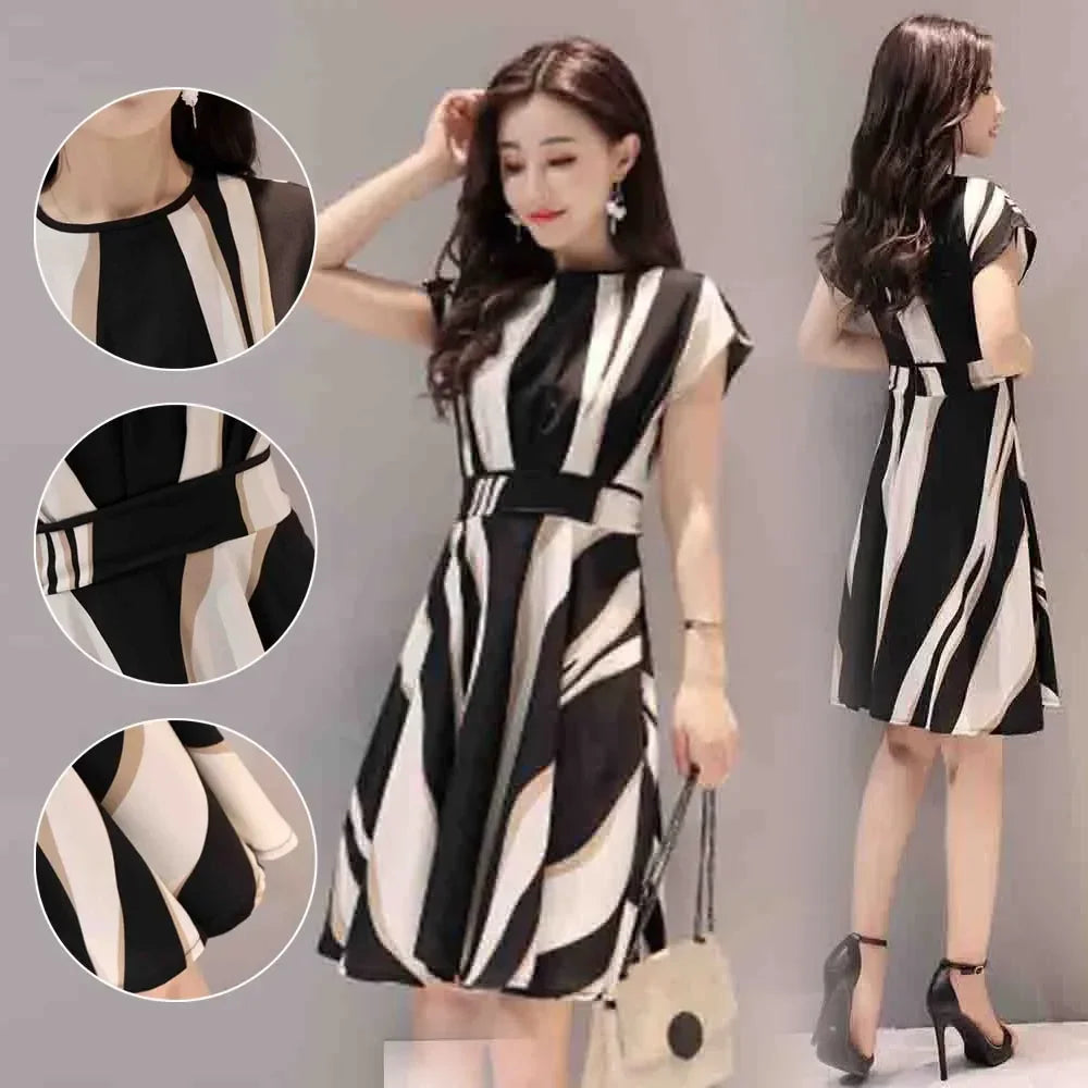 Women's Summer A Line Striped Fashion Knee Length Dress Short Sleeve O-Neck Regular Fit Ladies Casual Dresses - reetell