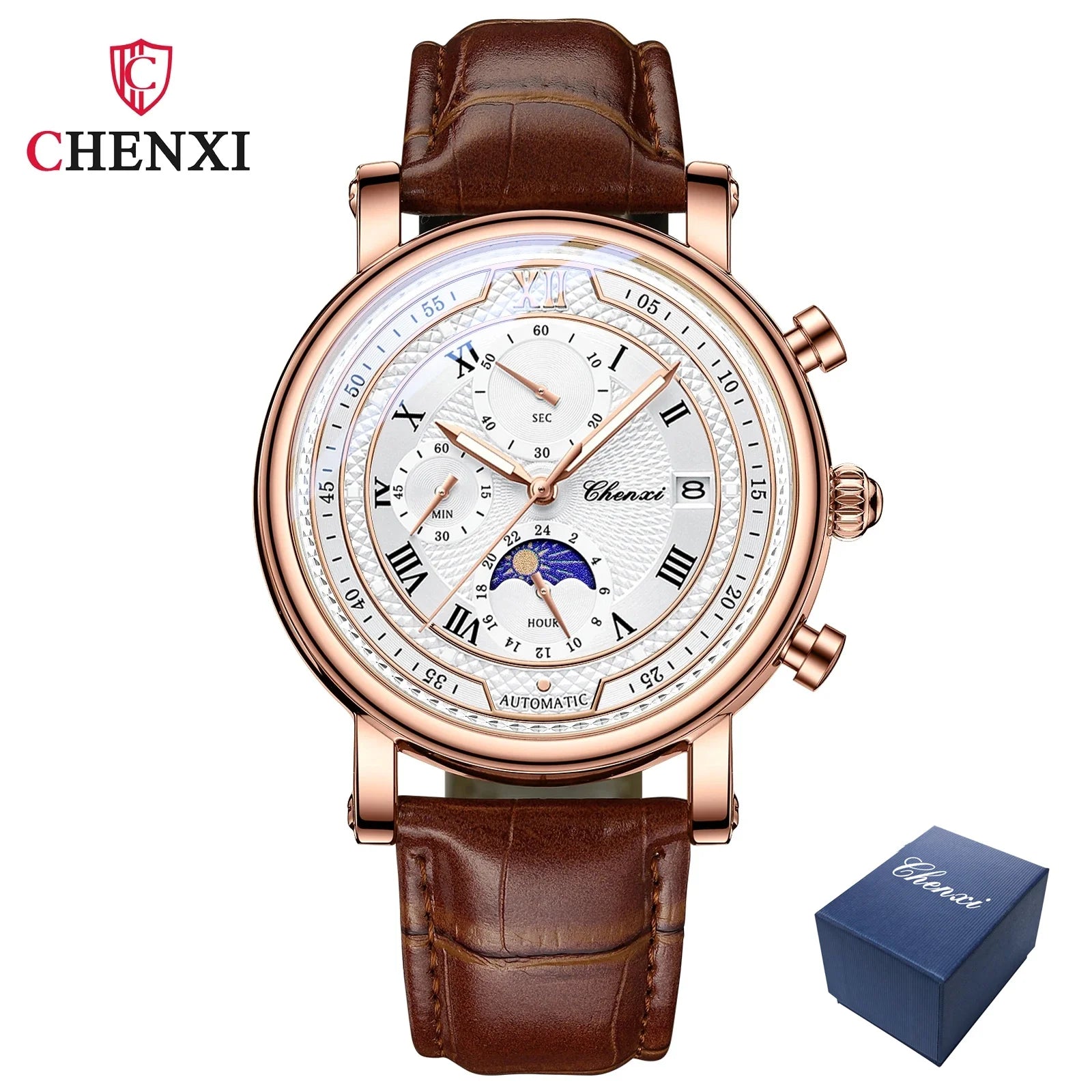 Chenxi 976 Leather Chronograph Date Men's Phase Of The Moon Timing Business Luminous Quartz Watch Relojes para hombres