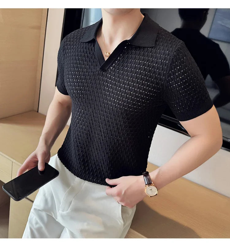 Men's Polo Shirt 2024 Summer New Light and Thin Knitted Hollow Solid Color Casual Short Sleeved V-neck T-shirt Men's Clothing