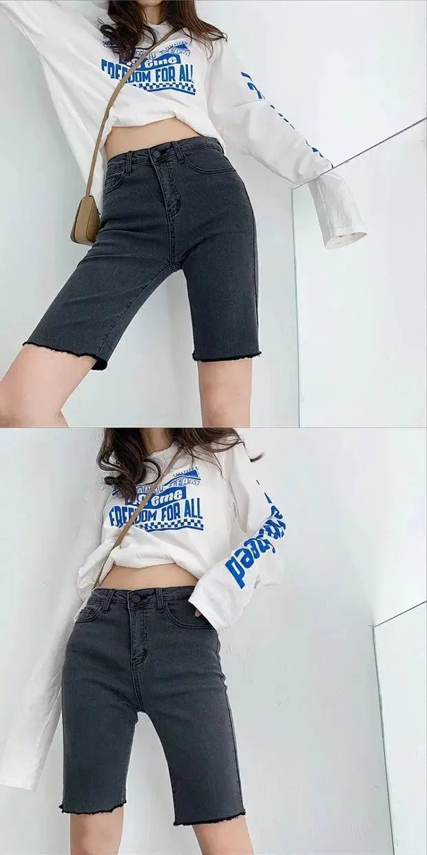 Women High Waist Denim Shorts 2024 Summer Thin Ladies Stretch Skinny Jean Short Pants Solid Color Female Casual Biker Shorts - reetell