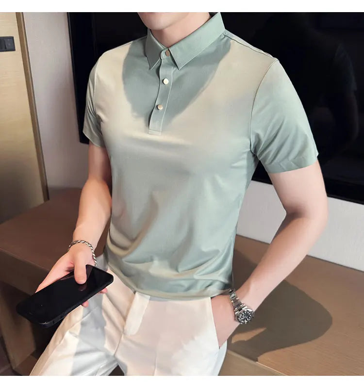 Ice Silk Traceless T-shirt Men's  Business Casual Solid Color Half Sleeve High Elasticity Top Silk Smooth Breathable POLO Shirt