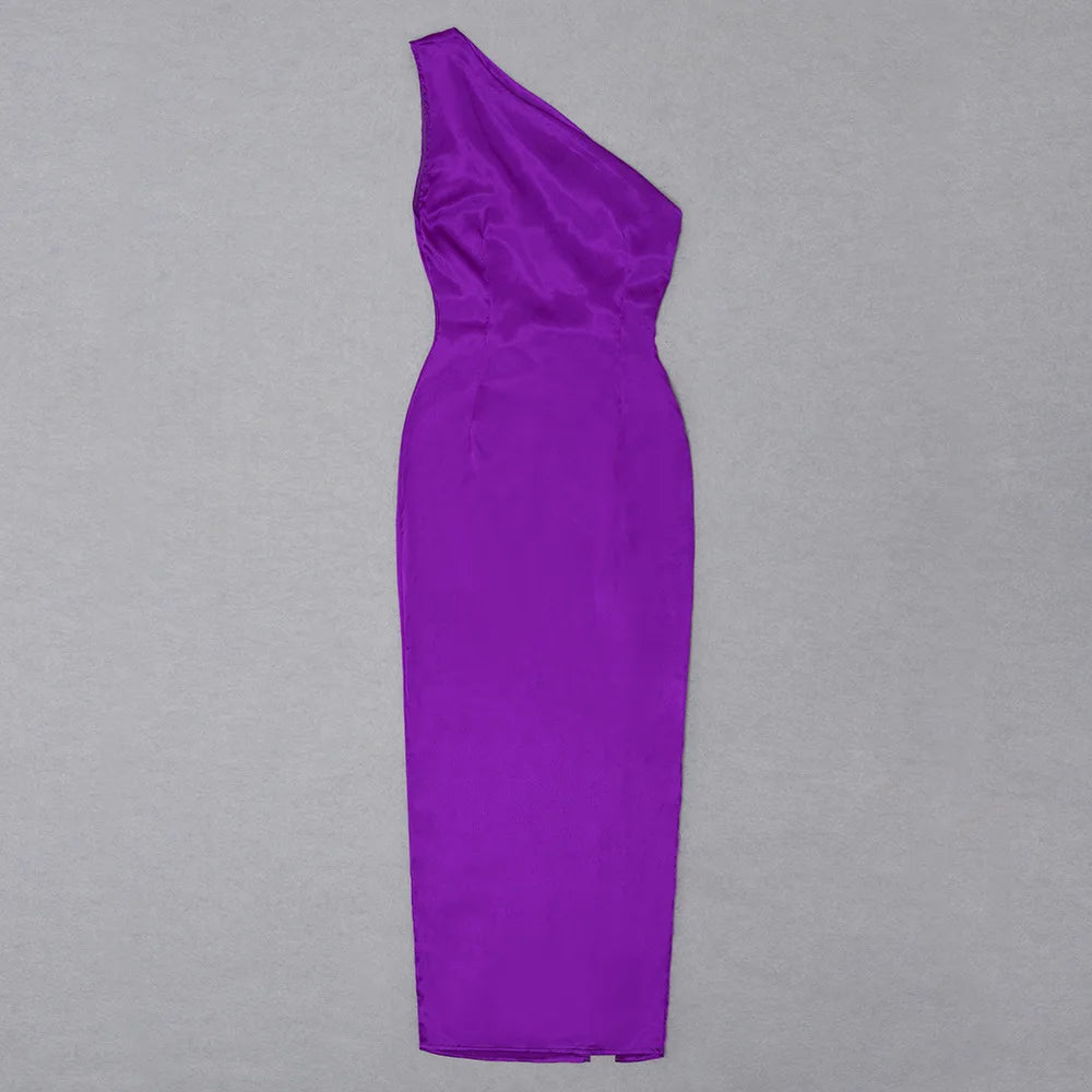 New Ladies Purple One Shoulder Sexy Skinny Draped Sleeveless Sequin Cutout High Slit Long Celebrity Party Dress - reetell